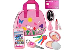 Play Purse for Toddlers with Accessories, Toddler Girl Toys 1 2 3 Years Old with Pretend Makeup, Keys, Smartphone, Toddler To