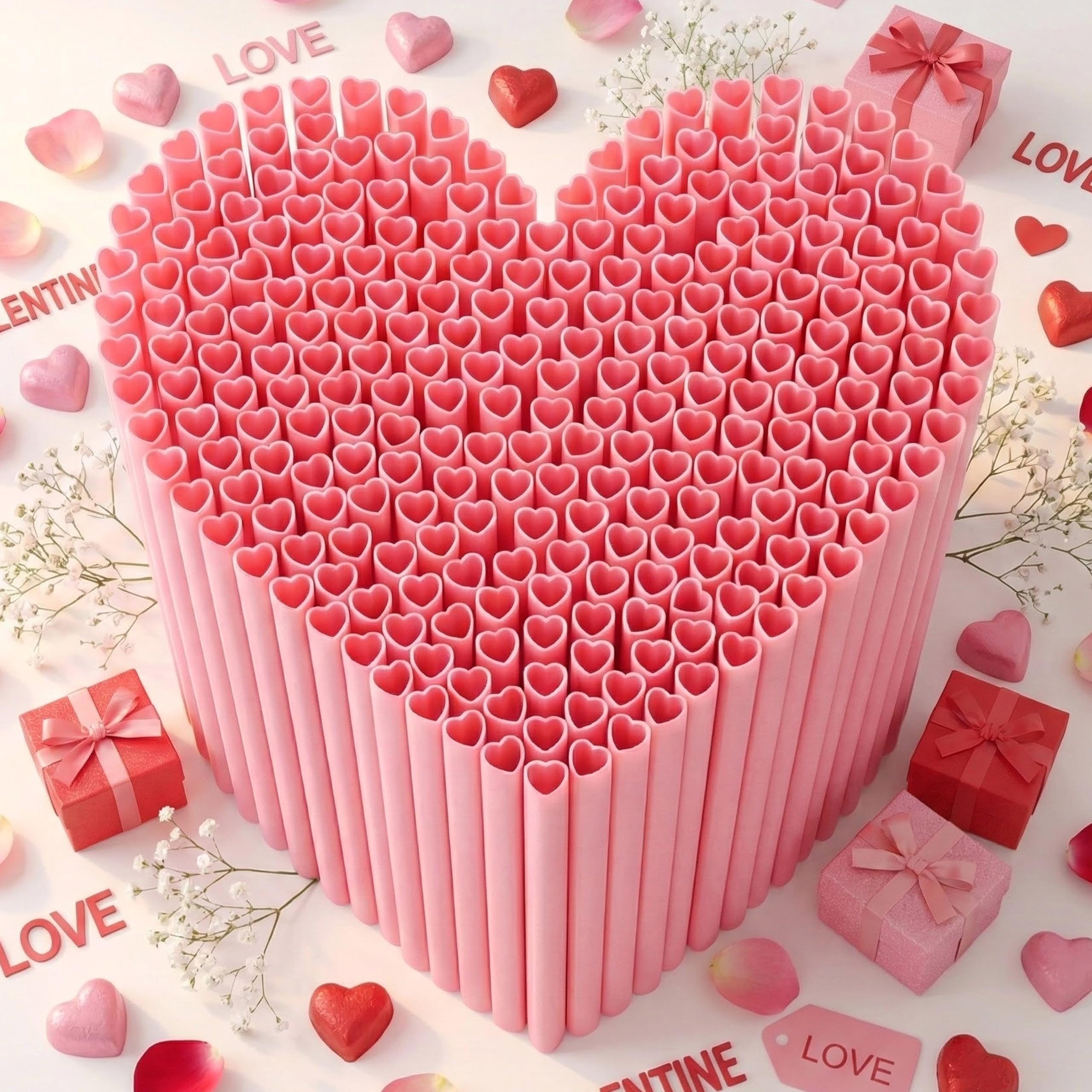 Photo 1 of 100PCS Valentines Day Heart Straws - Heart Shaped Pink Straws Plastic Disposable Drinking Straws Cute for Valentine's Day, Wedding, Party, Birthdayparty, Decorations (Pink)