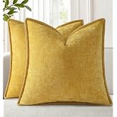 decorUhome Soft Chenille Throw Pillow Covers 18x18 Set of 2 Mineral Yellow | Fall Textured Decorative Throw Pillow Cases Stitched Edge Modern Farmhouse Luxury Boho Velvet for Couch Sofa Bed Home Decor