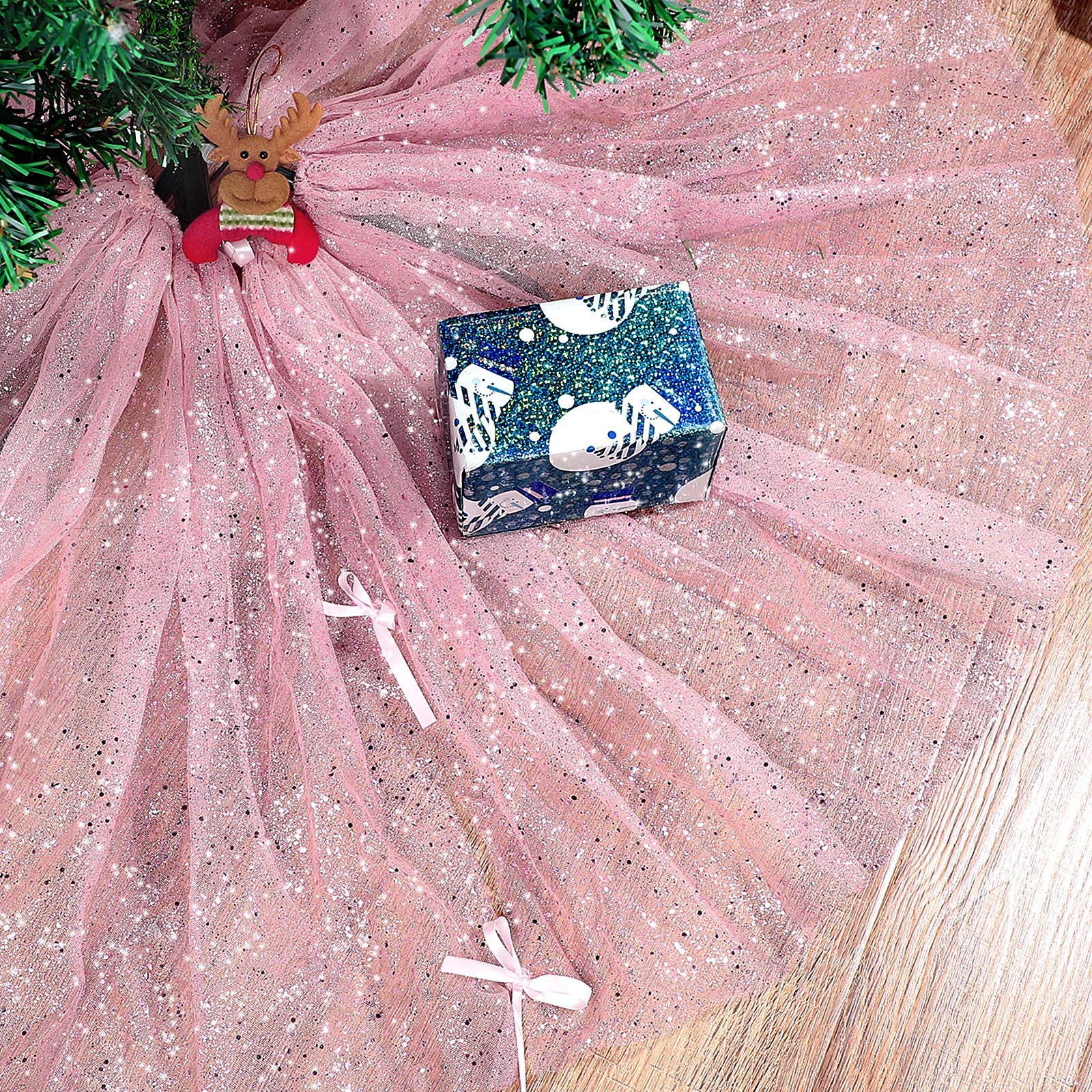 Christmas Tree Skirt Ruffle Glitter Shiny Xmas Tree Tulle Skirt Sequin Double Layers Xmas Trees Round Mat for Christmas Valentine's Day Party Decoration Indoor Outdoor (Rose Gold, 48 Inch)