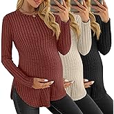 JoyMotion 3 Pack Women's Maternity Shirts, Ribbed Long Sleeve Pregnancy Sweaters Curved Hem Split Side Crew Neck Tunic Tops