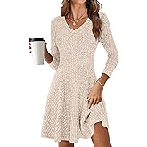 ANRABESS Women Long Sleeve Ribbed Knit Short Dresses 2026 Spring V Neck Casual Swing A Line Sweater Dress
