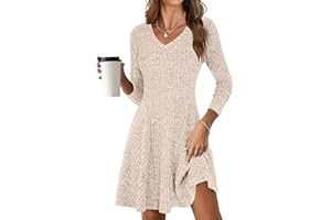 ANRABESS Women Long Sleeve Ribbed Knit Short Dresses 2025 Fall Winter V Neck Casual Swing A Line Sweater Dress