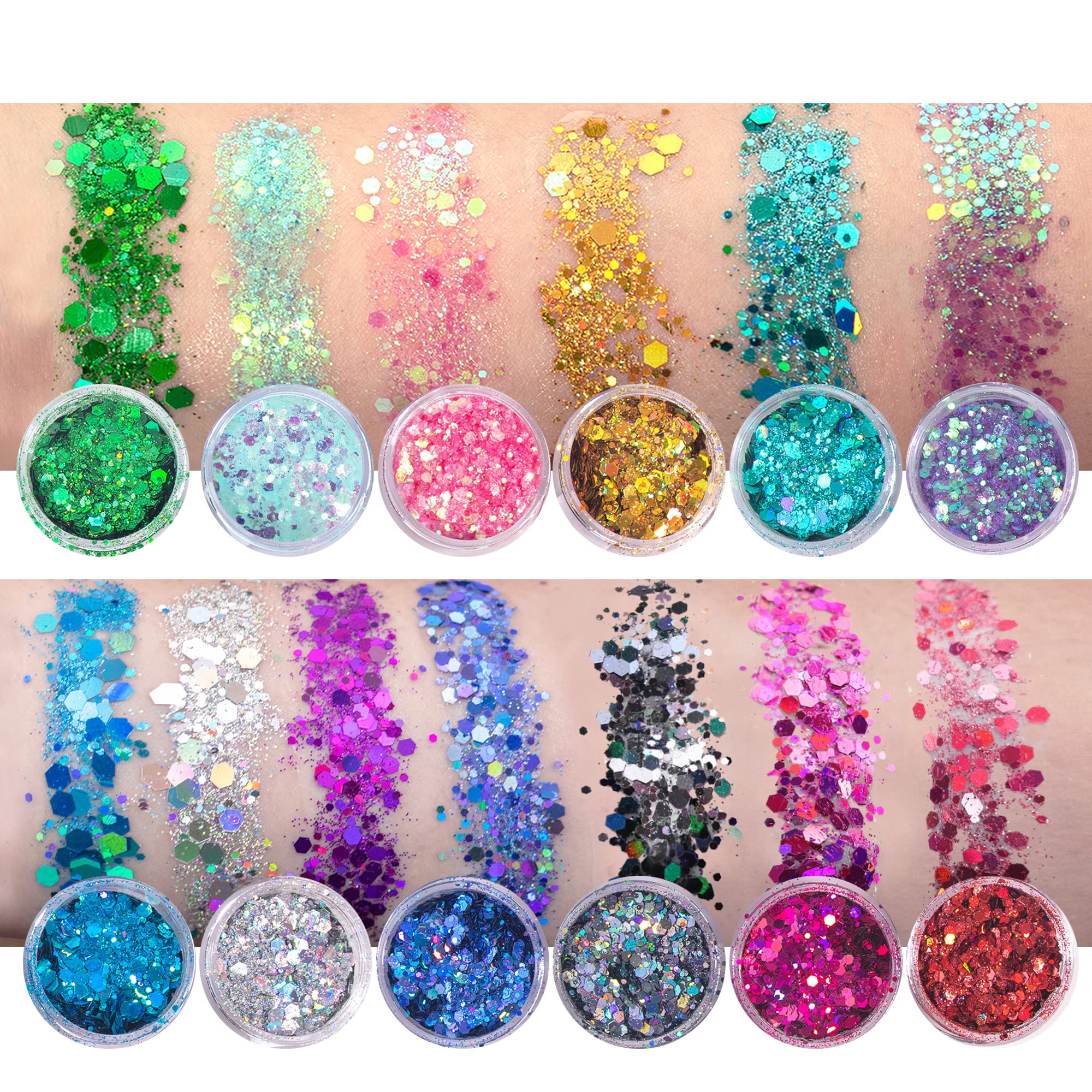 Face Glitter Makeup, Holographic Chunky Face Body Glitter, Glitter Eyeshadow Cosmetic Laser Powder for Face Hair Nails, Festival Body Glitter Makeup with Glue