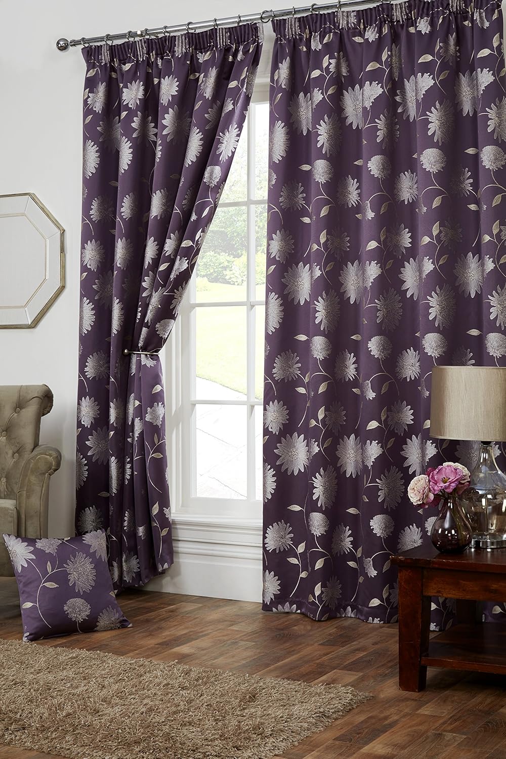 Curtains Pelmets Aubergine Cream Elegant Floral Jacquard