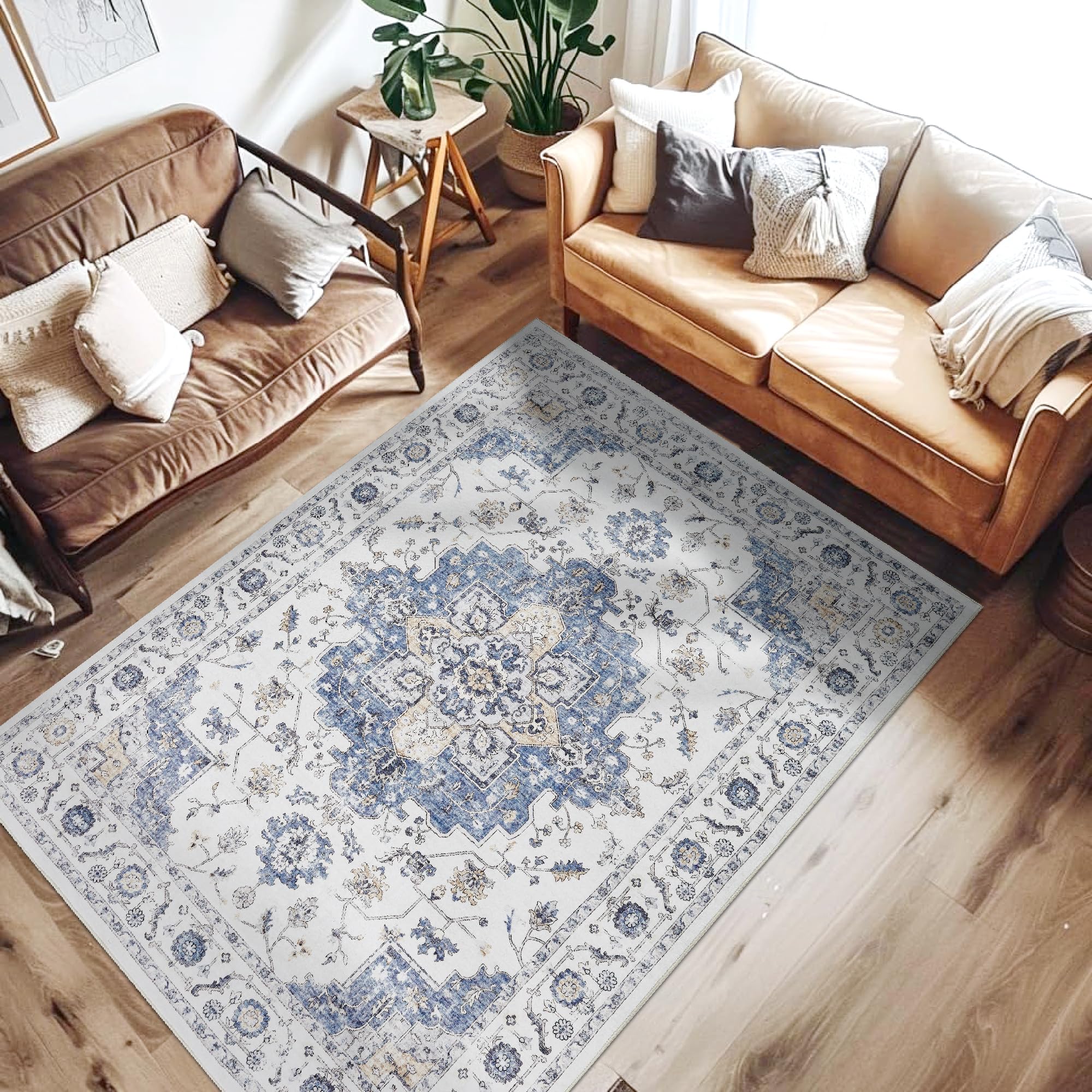 TOPICK Rug 120x180cm Washable Soft Vintage Blue Rug Low Pile Lightweight Non Slip Carept for Living Room Bedroom Dining Room