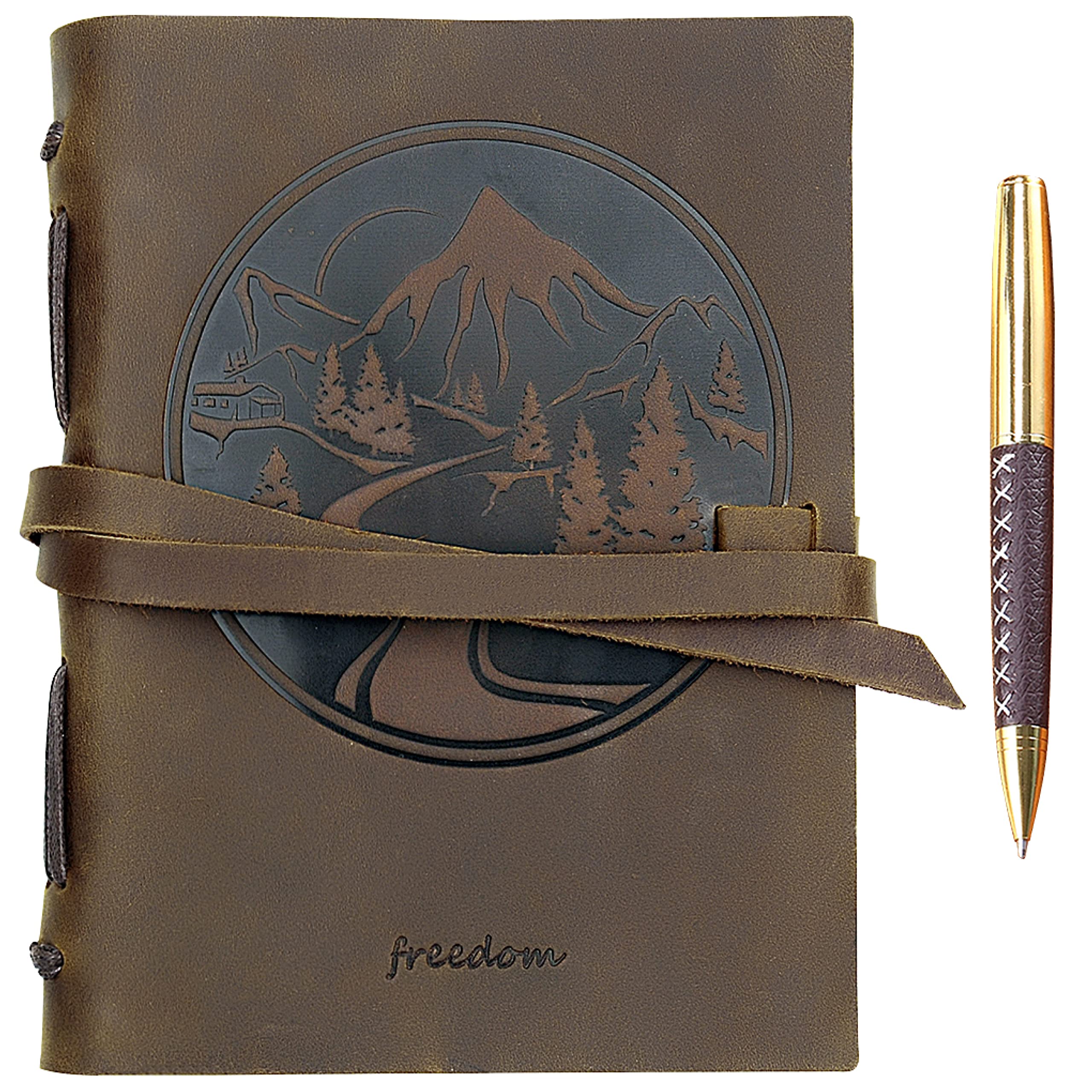 Leather Journal Mountain Notebook Embossed Handmade Travel Diary, A5 Vintage Writing Bound for Men For Women Genuine Antique Rustic Leather 6"x8" Engraved Paper Perfect for Notes Sketchbook + Pen