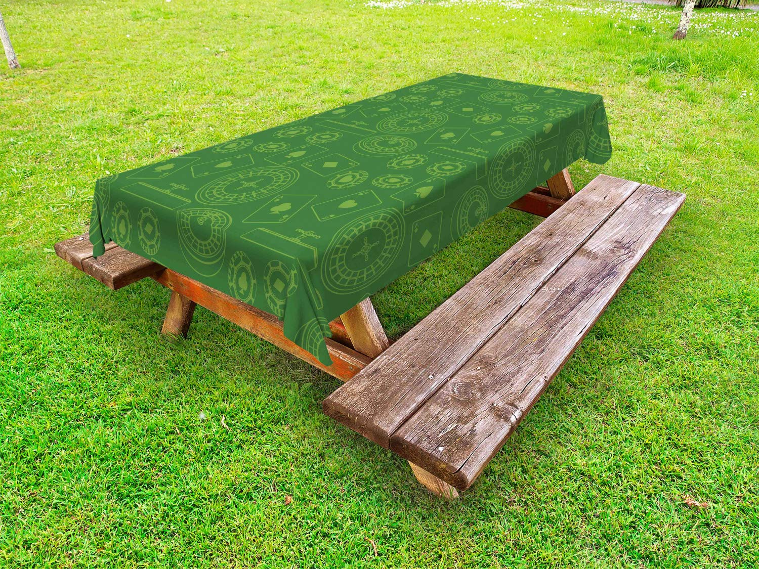 ABAKUHAUS Poker Outdoor Tablecloth, Casino Objects Pattern Image, Decorative Washable Picnic Table Cloth, 58" X 84", Fern Green