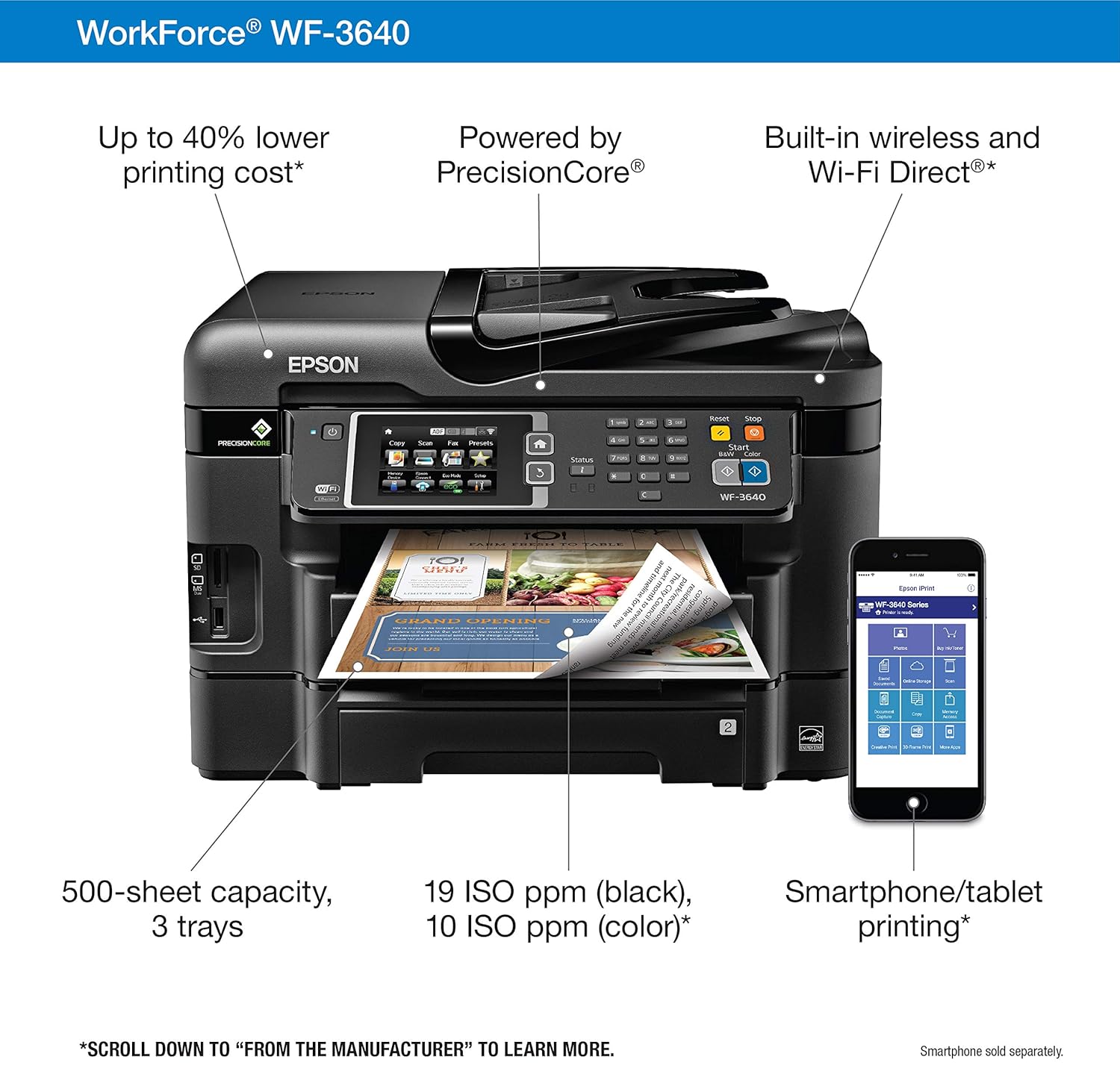 Amazon.com: Epson WorkForce WF-3640 Wireless Color All-in-One Inkjet Printer  with Scanner and Copier (E-Commerce Packaging): Electronics