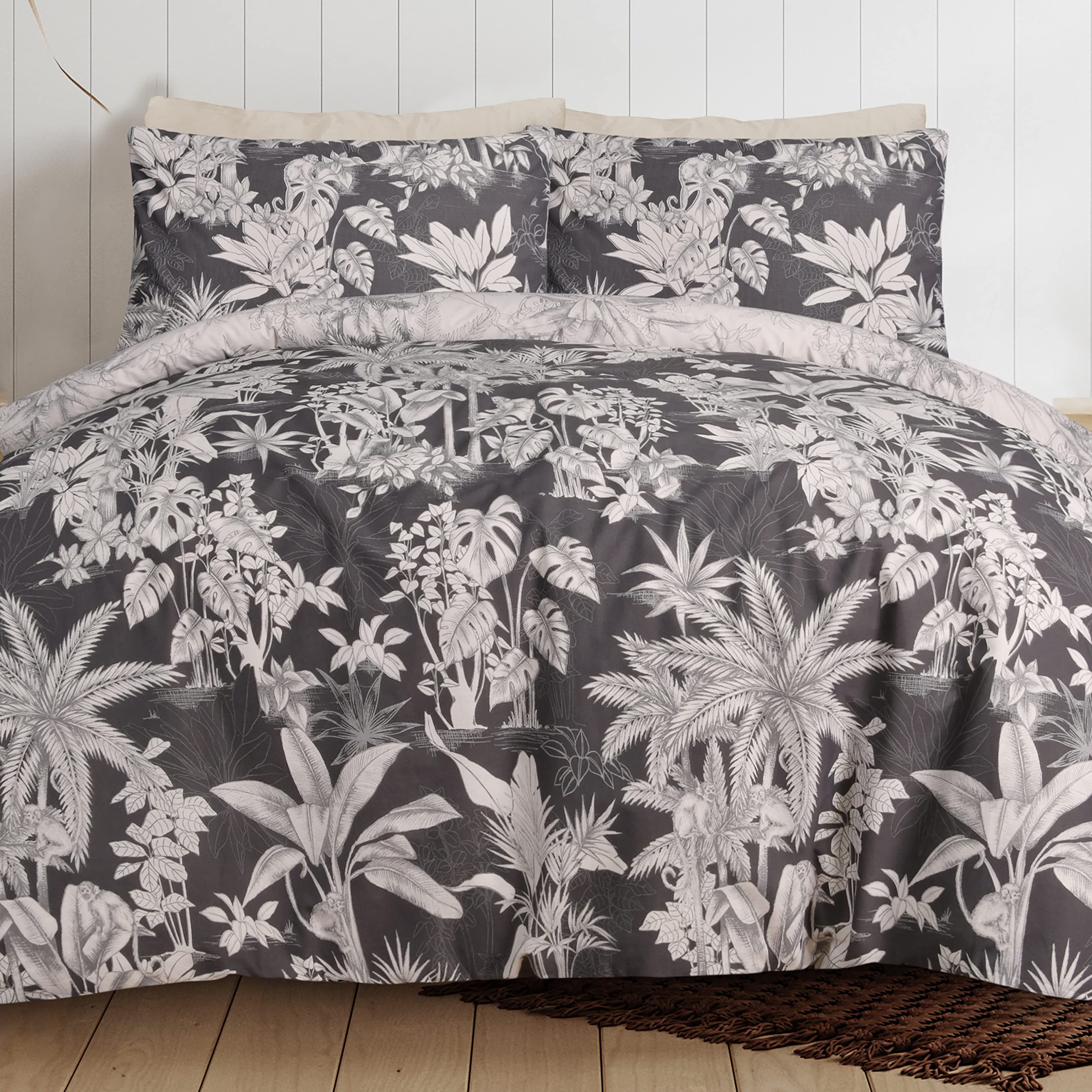Sleepdown Tropical Monkey Black Natural Reversible Duvet Cover Quilt Bedding Set with Pillowcases Soft Easy Care Bed Linen - Super King (260cm x 200cm)