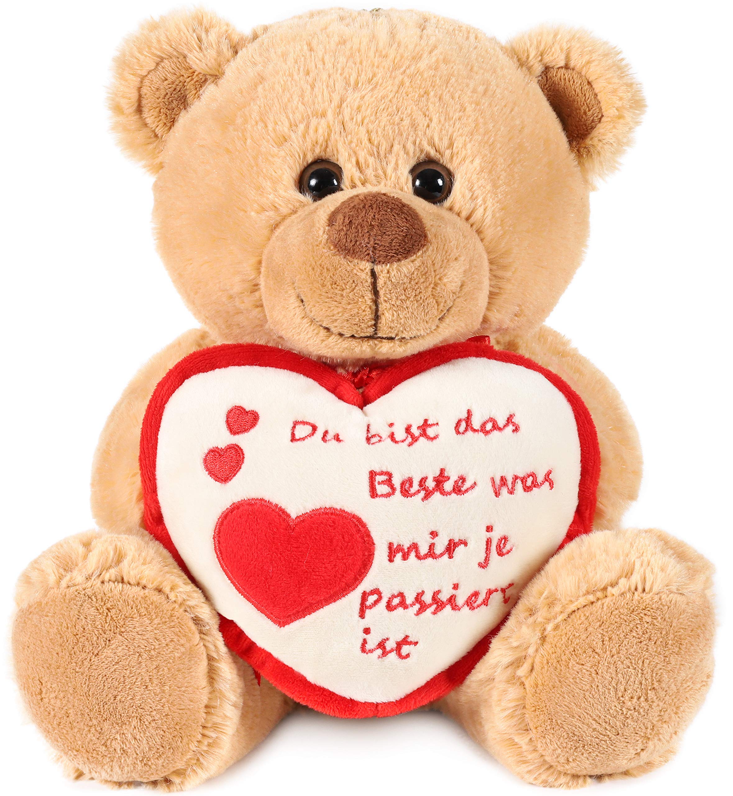 BRUBAKER Teddy Plush Bear With Heart Red Beige - Du Bist Das Beste Was Mir Je .. - 10 Inches (25 Cm)- Teddy Bear Plush Teddy Cuddly Toy - Light Brown