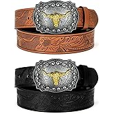 WOWOGO 2 Pack Western Cowboy Belts for Men Women Cowgirl Country Floral Engraved Pu Leather Belt with Longhorn Bull Buckle
