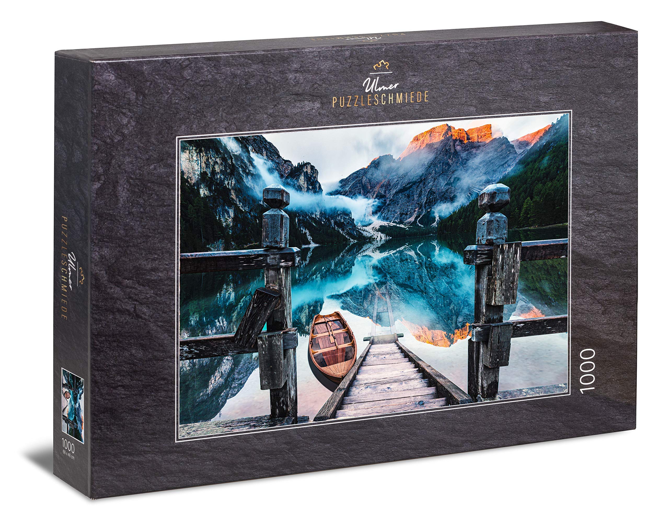 Ulmer Puzzleschmiede - Puzzle "Lake Braies" - 1000 pieces jigsaw puzzle - The Braies Lake in the evening, in front of the Seekofel in the Dolomites, South Tyrol