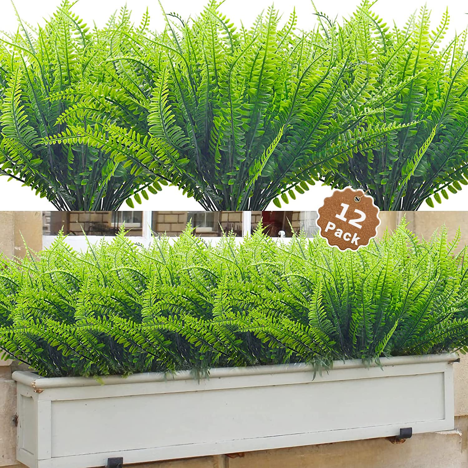 Dremisland 12PCS Artificial Plants Outdoor 15.7in Fake Boston Fern Artificial Greenery Shrubs Bushes UV Resistant Faux Plastic Wheat Grass for Window Garden Patio Hanging Planter Pathway Porch Decor