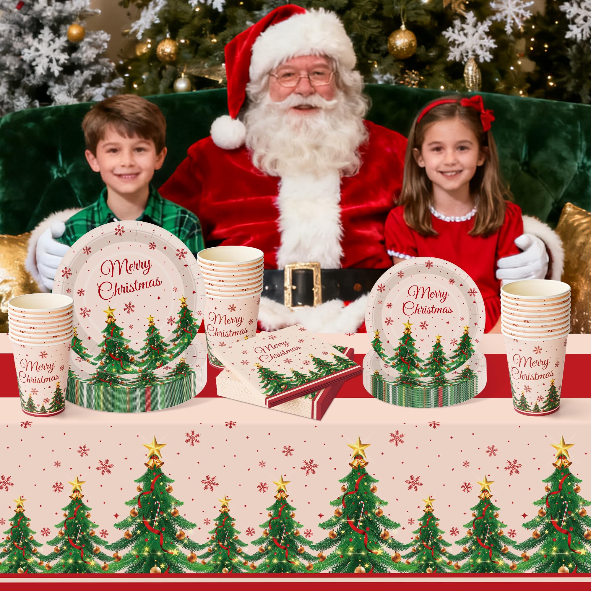 Childom Christmas Party Supplies,102 Pcs Xmas Tree Themed Party Set,Christmas Decoration Dinnerware Set,Disposable Tablecloths Plates Cups Napkins Xmas Tableware For Home,Dinner,Picnic,Holiday,Parties