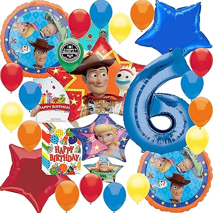 Amazon.com: Toy Story - Paquete de 4 accesorios para fiestas, decoración de globos con tarjeta de cumpleaños y bolsas de regalo de cumpleaños (6 cumpleaños): Toys \u0026 Games