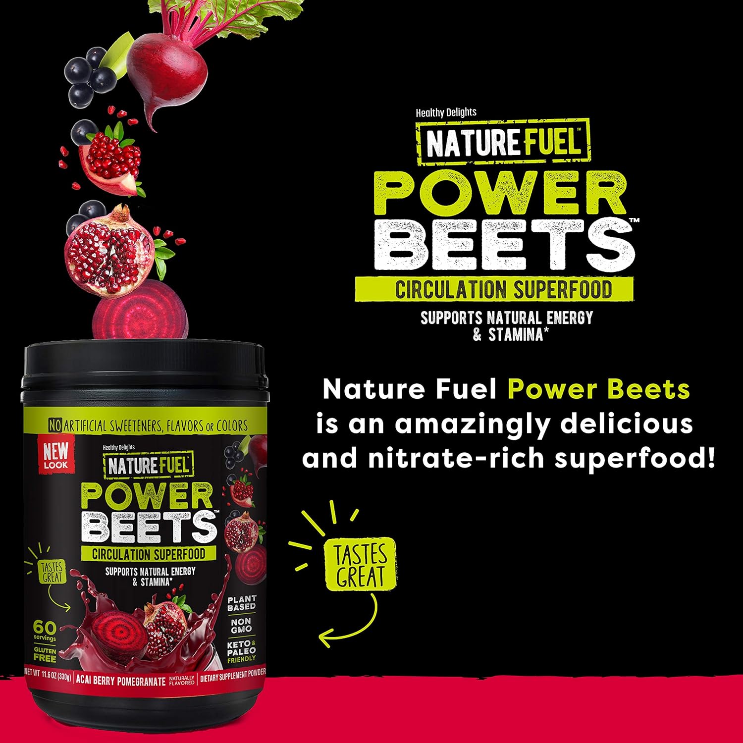 Nature Fuel Power Beets Super Concentrated Circulation Superfood Dietary Supplement – Delicious Acai Berry Pomegranate Flavor – Non-GMO Beet Root Powder, 60 Servings: Health & Personal Care
