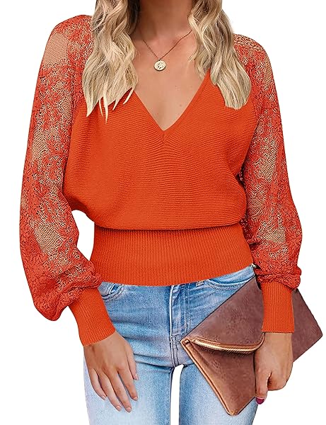MEROKEETY WOMEN’S 2024 V NECK LACE PATCHWORK LONG BATWING SLEEVE COMFY KNIT PULLOVER SWEATERS ORANGE