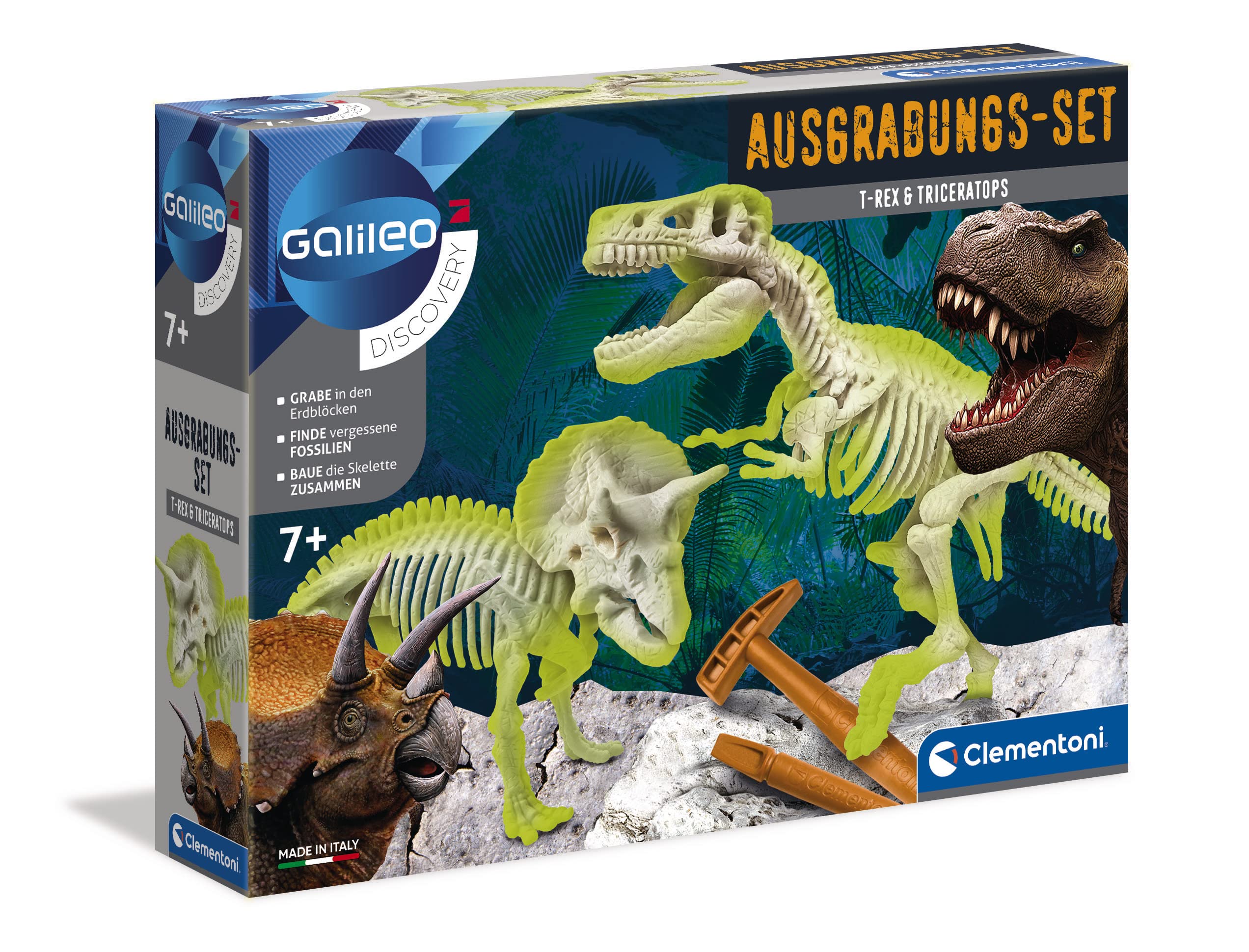 Clementoni Galileo Discovery - T-Rex & Triceratops Excavation Set, Toy for Children from 7 Years, Digging Dinosaur Fossils with Hammer & Chisel, Ideal as a Gift 69408