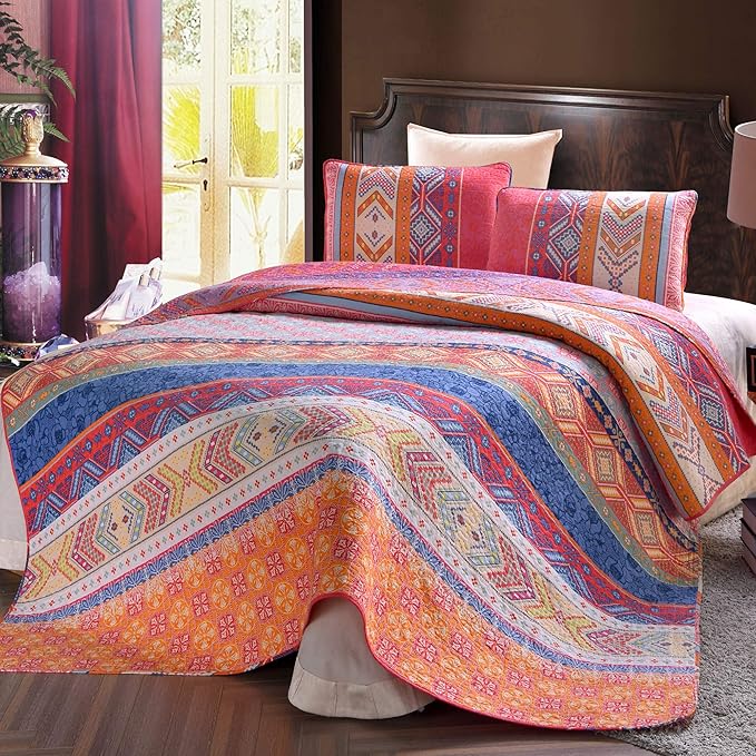 Exclusivo Mezcla 100 Cotton 3Piece Multicolored Boho King Size Quilt