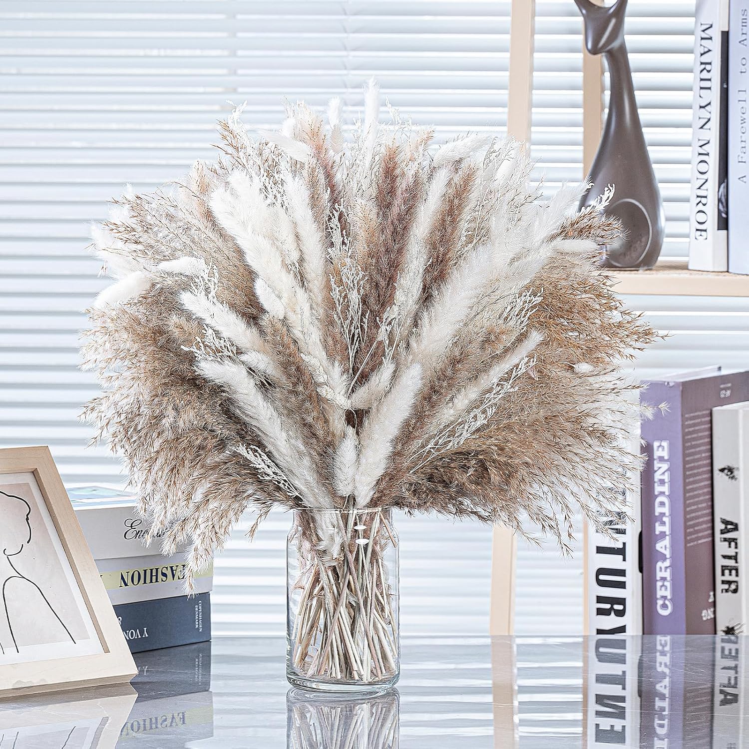 Dried & Preserved Flora - 100Pcs Dried Pampas Grass Decor - 17” Natural Pampas Grass Bouquet Fluffy Pompas Floral Decor, Bunny Tails Dried Flower & Pampas Grass Bouquet for Wedding Decor Boho Flowers Home Party Table Decor