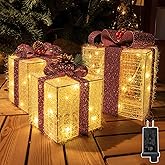 Ccinny Christmas Decorations, Set of 3 Christmas Lighted Gift Boxes, Pre-lit 60 LED Light Up Present Boxes Warm White Ornaments for Indoor Outdoor Yard Lawn Home Wedding Decor (Pink Bow)