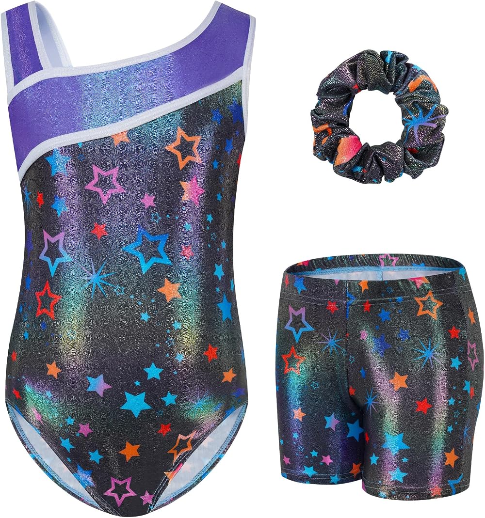 Gogokids Girls Three-Piece Gymnastics Set Leotard Shorts Hairband Sparkling