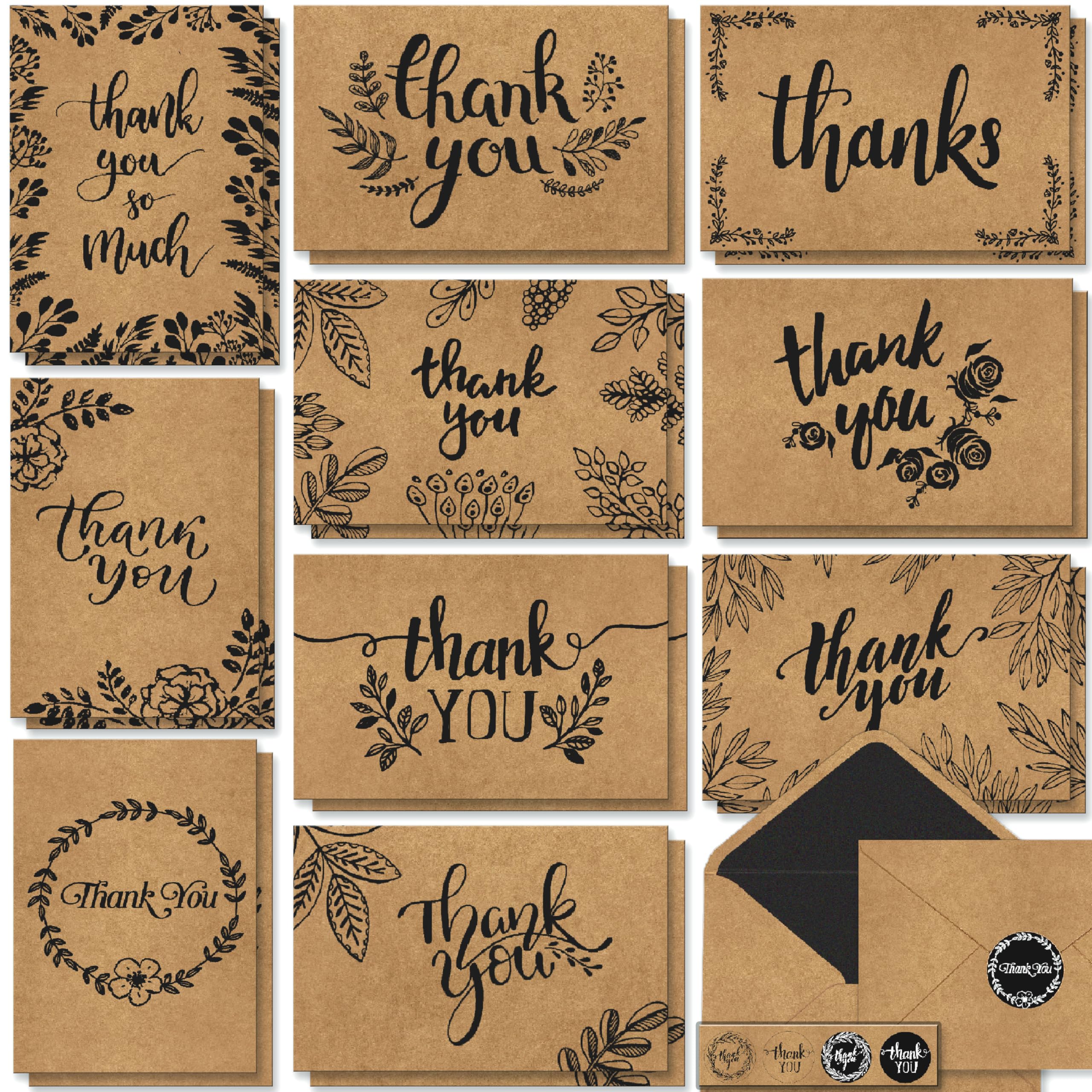 120 Thank You Cards with Matching Brown Kraft Envelopes and Stickers - Elegant 6 Designs Kraft Paper Bulk Blank Notes for Wedding, Business, Formal, 4x6 Inch Blank