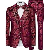 MAGE MALE Mens Suits Dress Floral Tuxedo Slim Fit 3 Piece Suit 2 Button Prom Party Blazer Vest Pants Set with Bow Tie