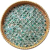 JUNGLE CULTURE Rattan Serving Tray 12" with Mother of Pearl Inlay • Coastal Boho Collection • Handcrafted Woven with Handles for Home • Round Dining Table Tray • Wicker Serving Basket – Cascade