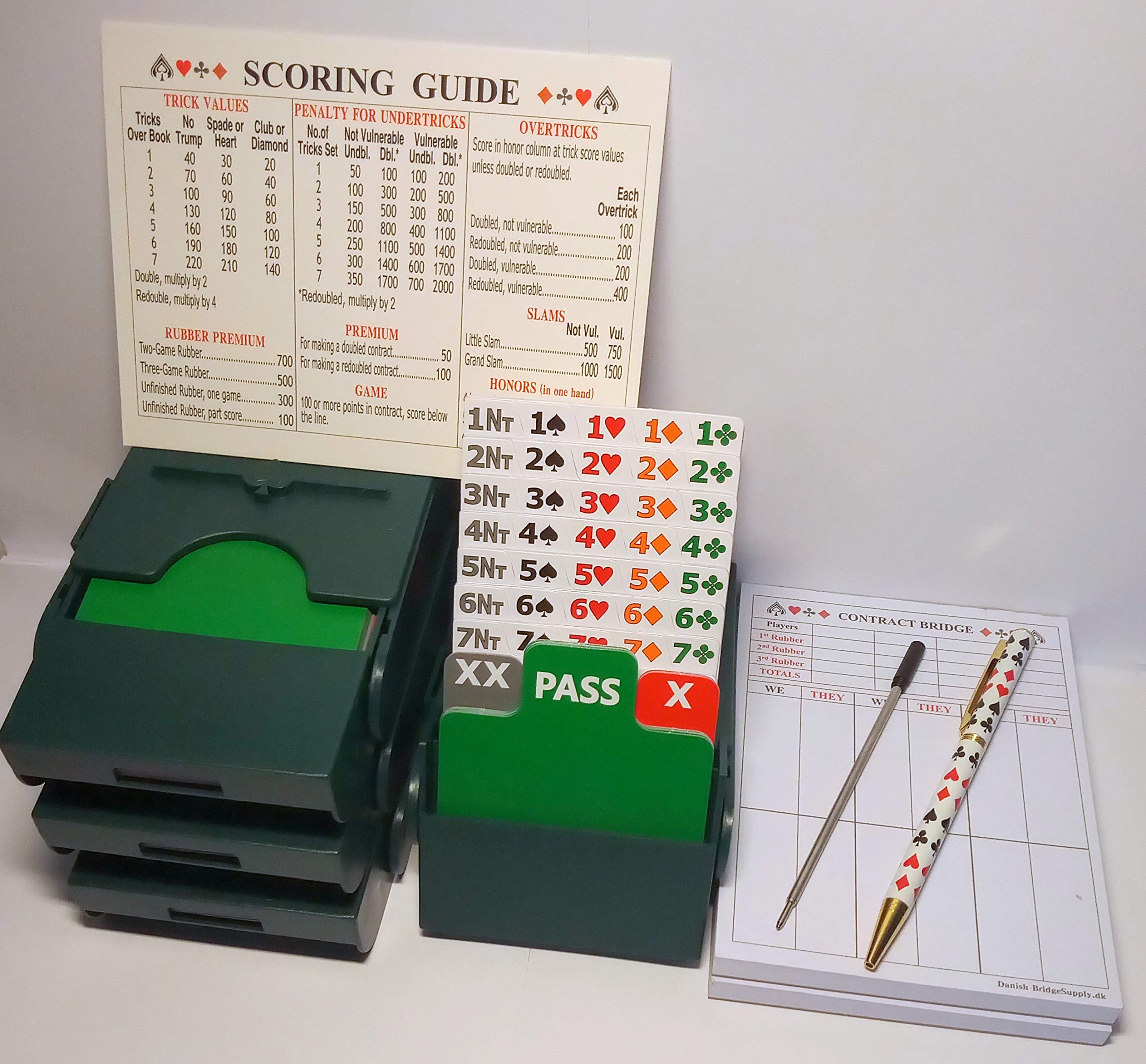 Bid Pal Bridge Bidding Boxes sets of 4 (Green) + 200 Score Pages + Score Guide + Pen + Refill