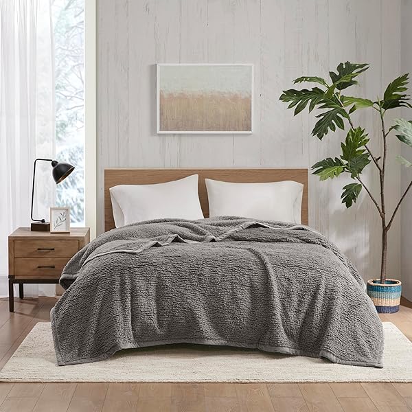 WOOLRICH BURLINGTON BERBER BLANKET SUPER SOFT, COZY LIGHTWEIGHT COVER WITH LUXURIOUS VELVET BINDING, MODERN TRENDY ALL SEASON BEDSPREAD BEDDING-SET, TWIN: 66X90, GREY