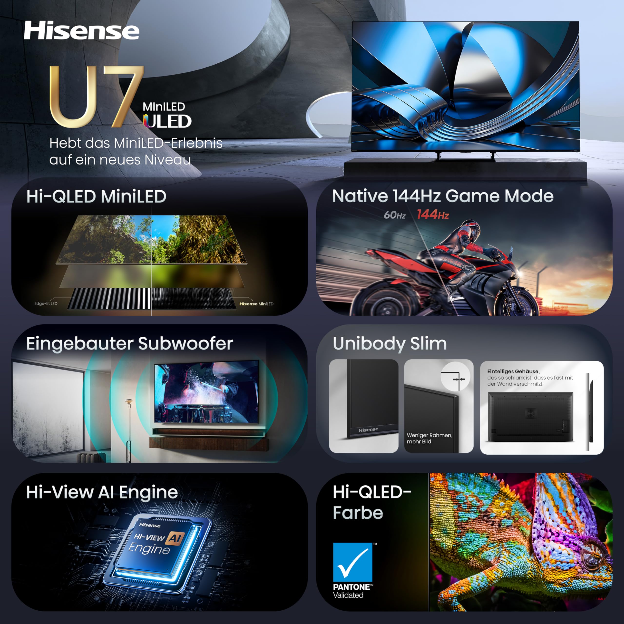 Hisense 75U7DSE Fernseher 75 Zoll, 4K UHD, Hi-QLED Mini LED, Smart TV, 144Hz, Hi-View AI Engine, IMAX Enhanced, AI Lichtsensor, Dolby Vision.Atmos, Tuned by DeVialet, FreeSync Premium Pro [2026] 3
