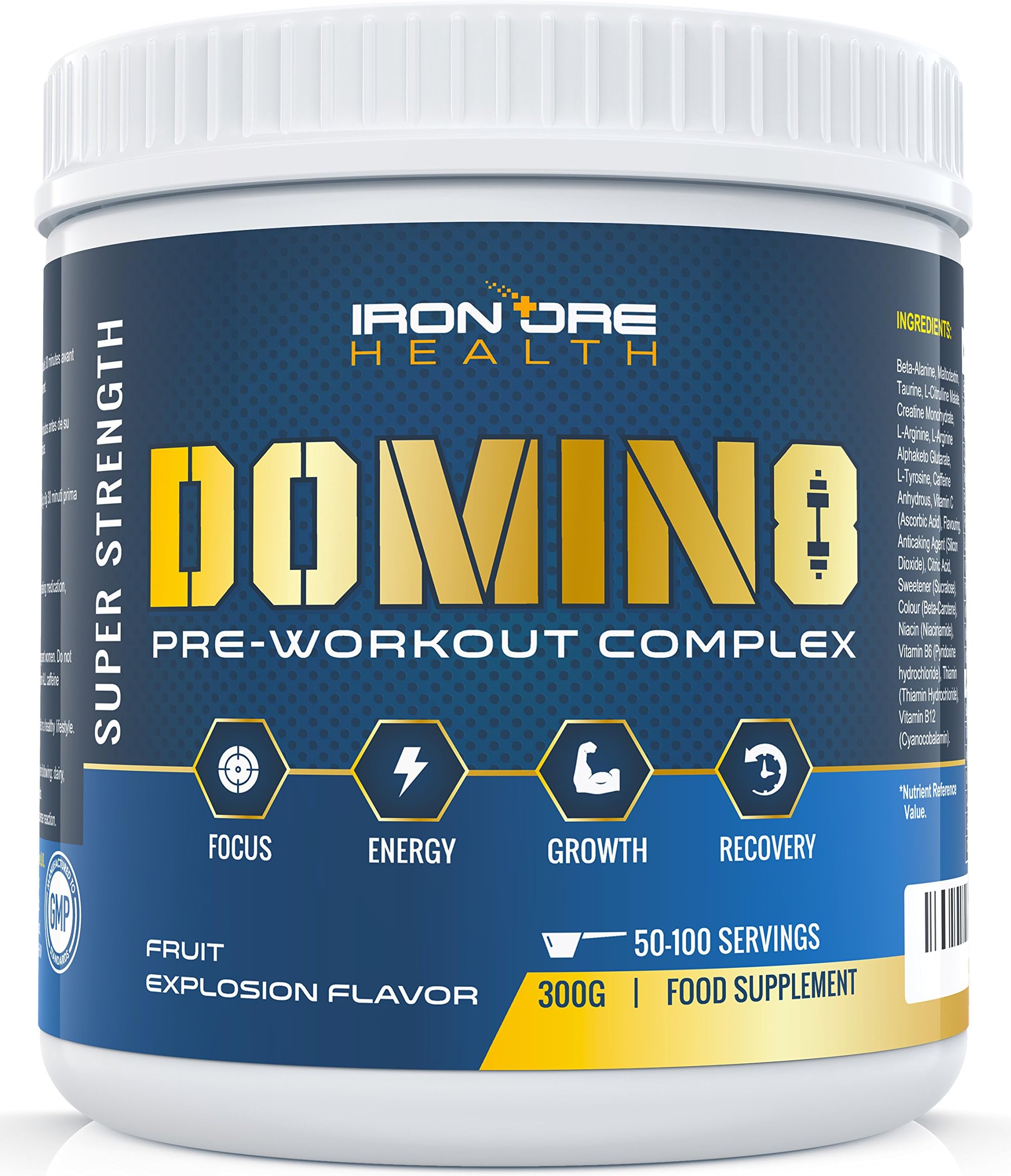 DOMIN8 Pre-Workout Powder Concentrate with Creatine | Enhanced Energy and Performance for Strength & Fitness | 100 Servings | Fruit Explosion | 6 Month Supply | Made in The UK by Iron Ore Health