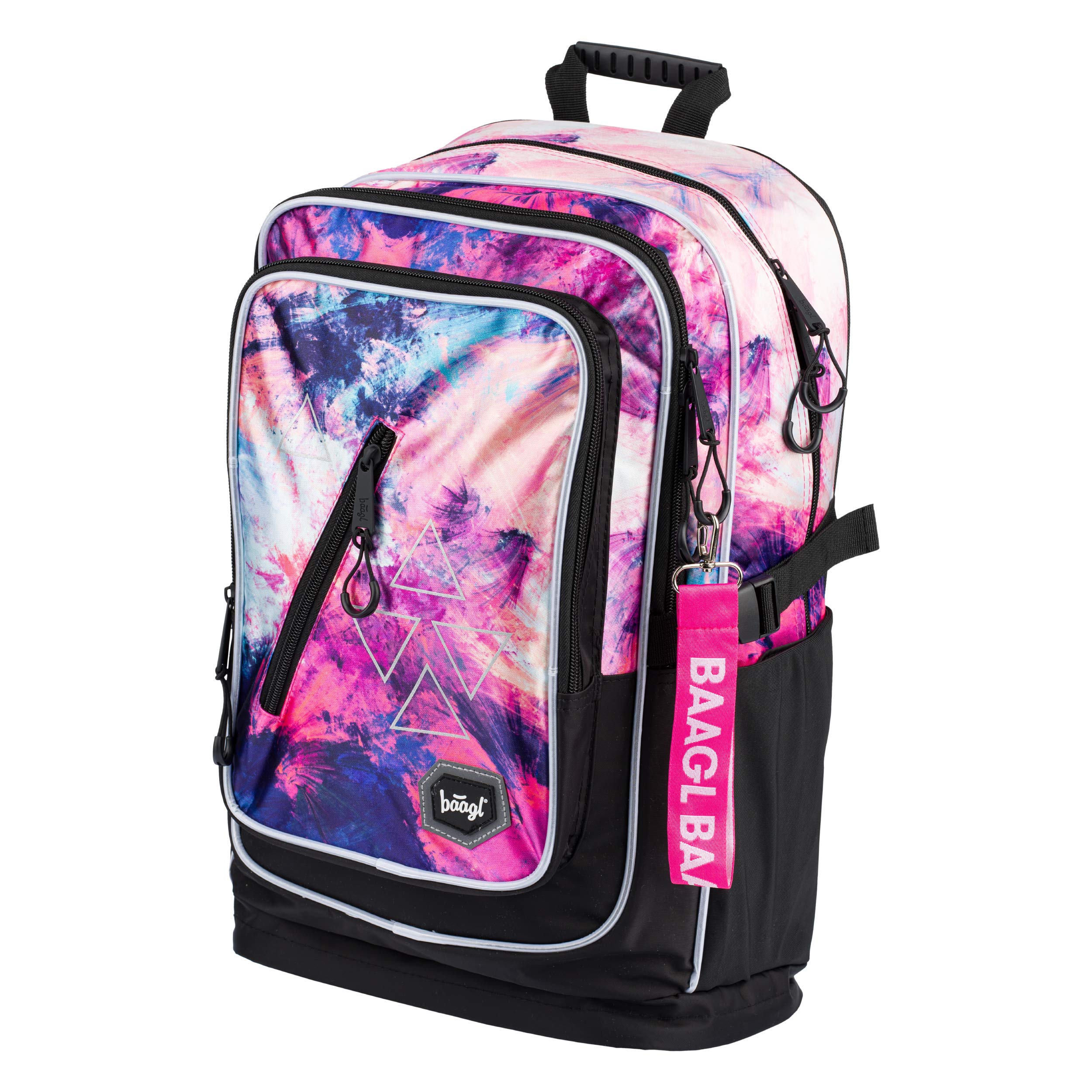 Baagl School Bag for Girls, Pink Children Ergonomic Lightweight Backpack with Laptop Compartment, Primary School Kids Rucksack with Chest Strap and Reflective Elements (Abstract)
