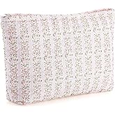 Paterr Cotton Quilted Makeup Bag Valentine Bridesmaid Gifts Cute Cosmetic Bag for Women Large Floral Bow Makeup Pouch Preppy Aesthetic Travel Toiletry Organizer Zipper Pencil Case(Pink Floral)