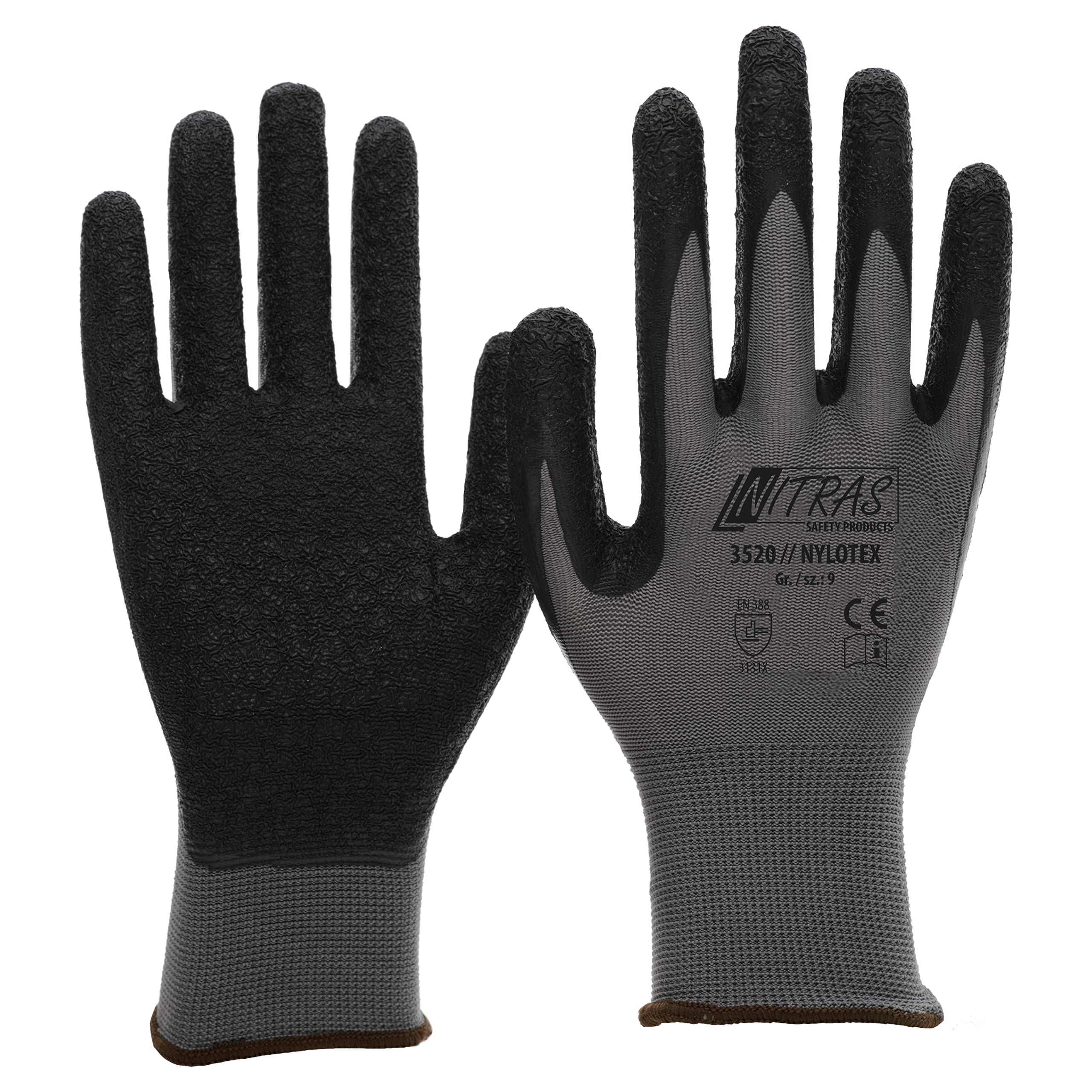 Nitras Nylotex 3520 Nylon Latex Work Gloves 12 Pairs, grey/black, 9/XL