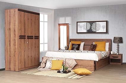 Travis Walnut Finish King Bed Dresser 1 Bed Side 3 Door Wardrobe