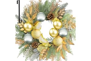 Antizz Christmas Wreath 19 Inch Christmas Door Decorations Wreath with Gold Christmas Balls, Golden Twigs, Pine Needles and Berries for Door Window Outdoor Home Decoration
