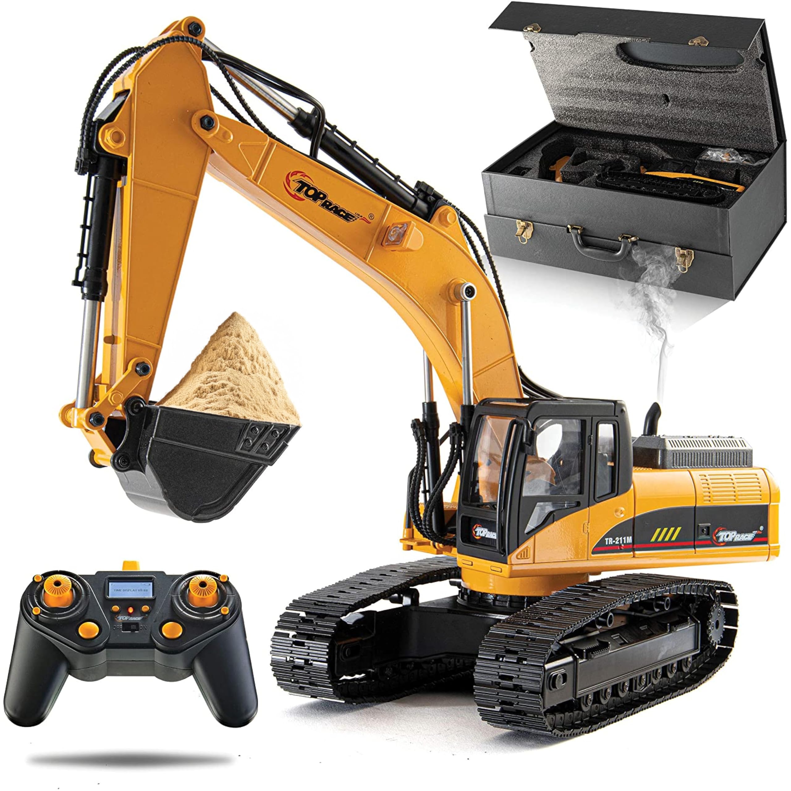 Top Race 23 Channel Hobby Remote Control Digger Excavator, Construction Vehicle RC Tractor, Full Metal Excavator Toy Digger With Real Smoke, Heavy Duty Carries 70 KG and Diggs 0.5 KG