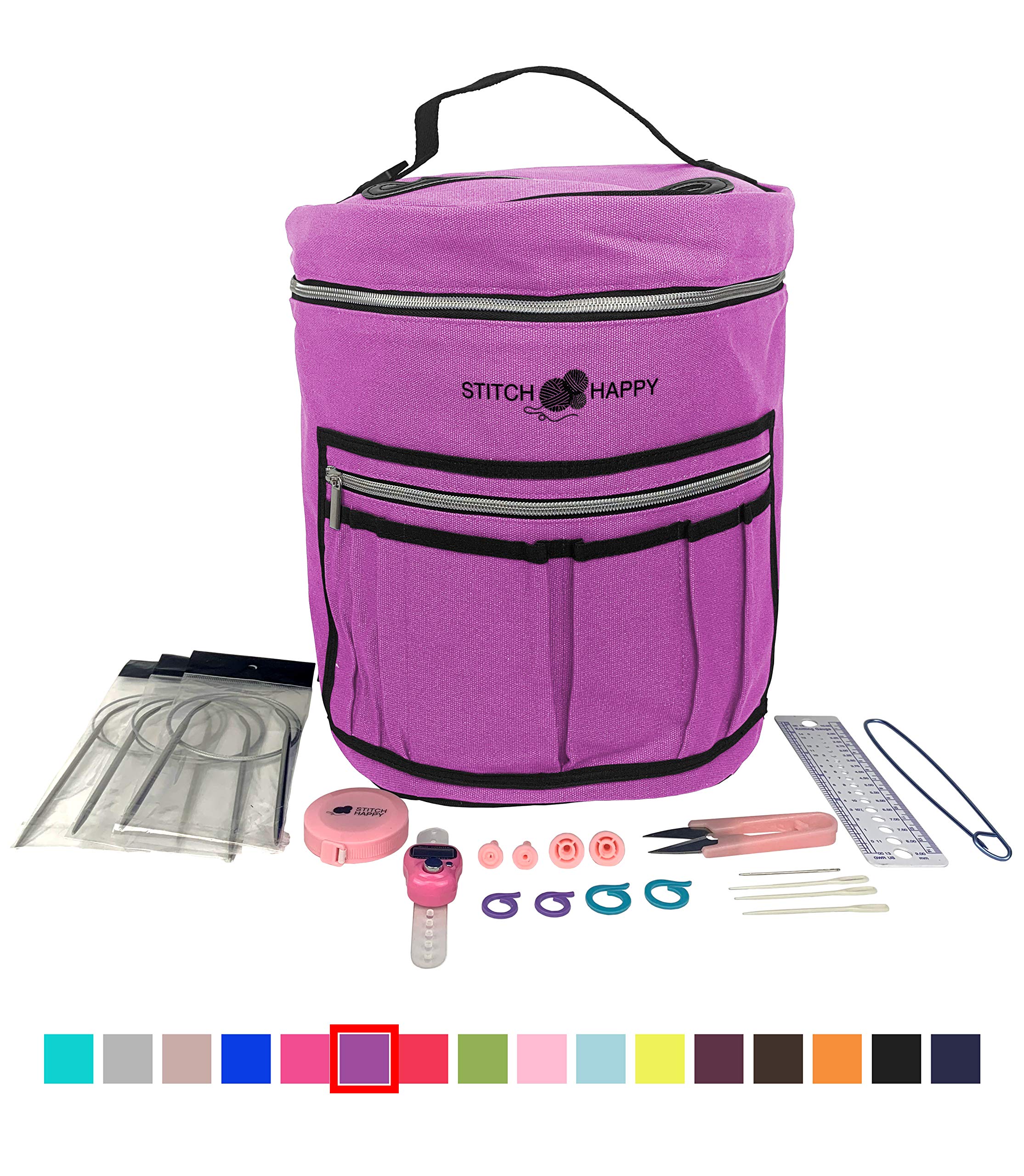 Designer Stitch Happy Knitting Starter Kit: 20 Piece Knitting Kit for Beginners & 7 Pocket Yarn Bag, Signature Yarn Storage - Lilac