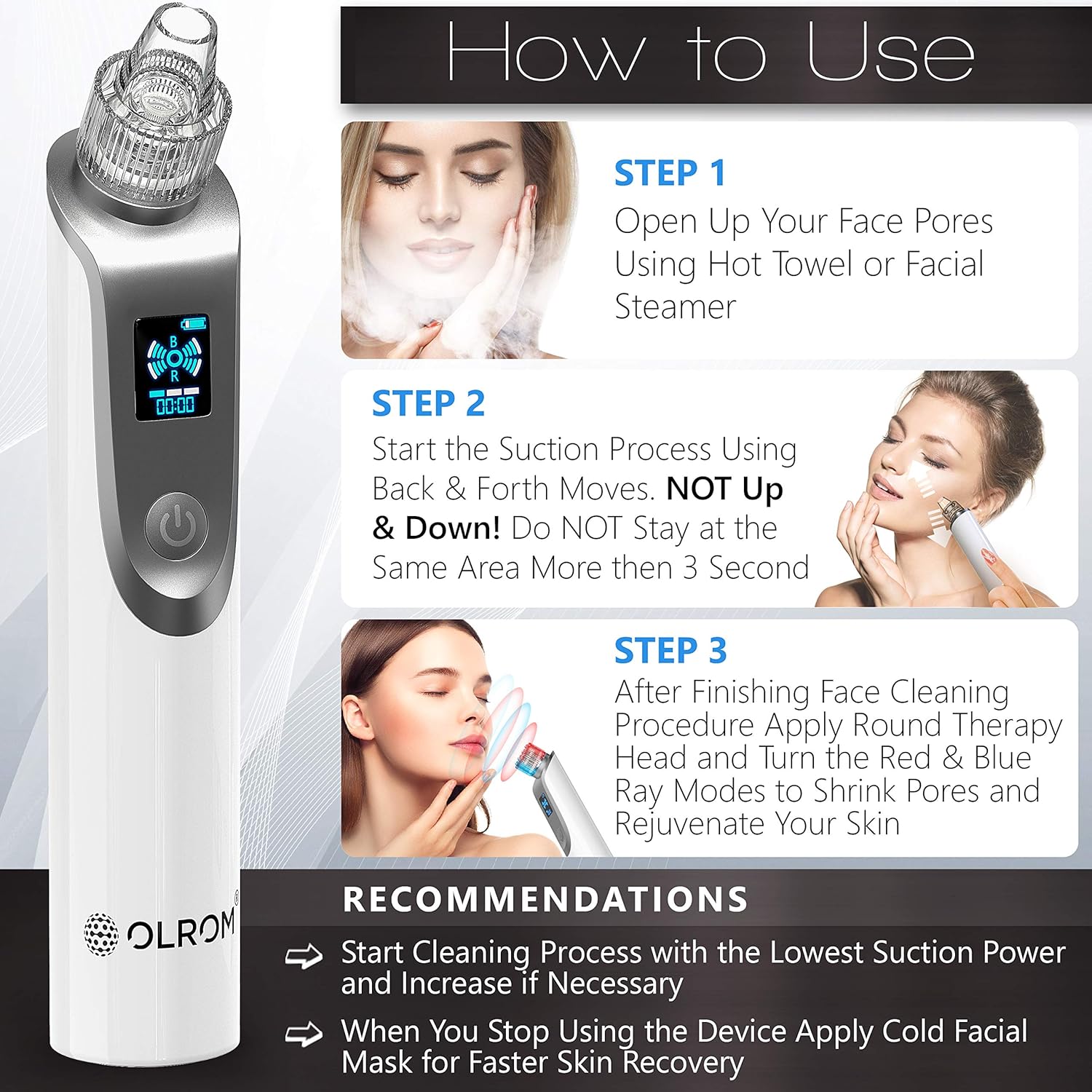 Olrom Blackhead Remover – Electric Vacuum Suction Blackhead Remover w/LED Display – Powerful Acne & Pore Cleanser –– Blackhead Removal Tool –– 5 Suction Heads – Black Heads Extraction for Women & Men: Beauty