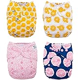 Nora's Nursery Cloth Pocket Diapers 4 Pack with 4 Inserts - Waterproof Cover, Washable, Reusable & One Size Adjustable Pocket Diapers for Newborns and Toddlers - The Bee's Knees