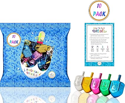 Dreidels Metallic Multi Colored with Draydel Game Instructions 10-Pack