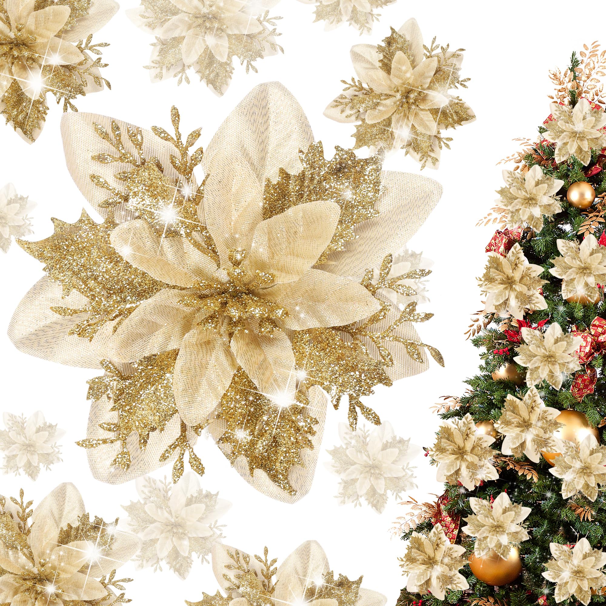 15 Pieces Glitter Poinsettia Christmas Decorations,Artificial Flowers Christmas Tree Ornaments,for New Year Wedding Xmas Wreath Home Party Decor (Gold)