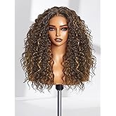 GORGIUS Curly Brown Wig Glueless Highlight Lace Front Wig Pre Plucked Middle Parted Synthetic Wig Upgraded with Premium Human