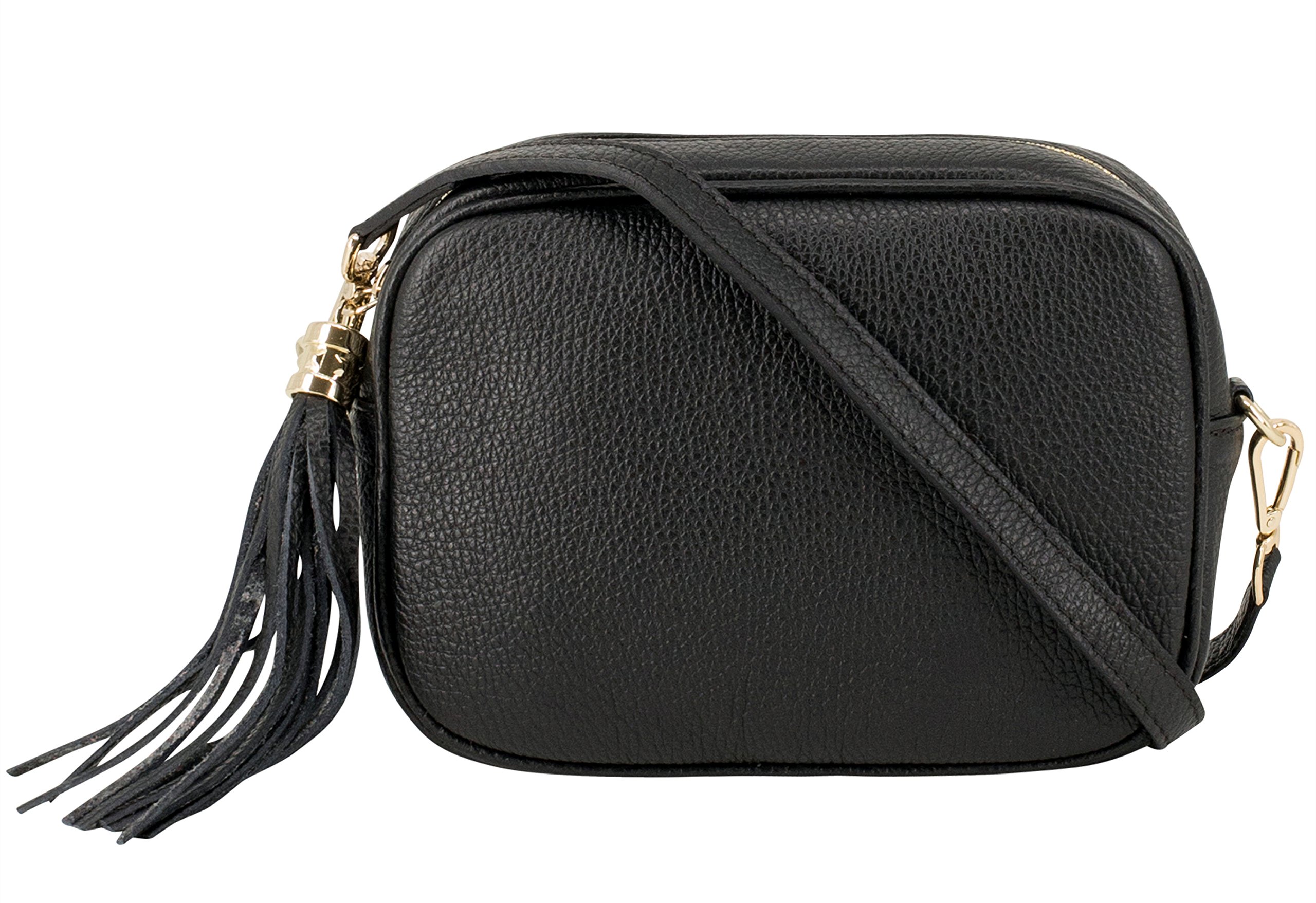 Montte Di Jinne - 100% Made in Italy - Soft Leather Leather Women's Cross Body Bag with Tassel key Ring (Black)