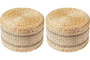 PrimeZone 2 PCS Patio Pouf Ottoman 18"D x 18"W x 12"H, Hand Woven Natural Seagrass Rattan Indoor Outdoor Footstool, Round Boho Poufs Footrest Floor Chair Seat for Living Room, Bedroom, Porch, Stripe