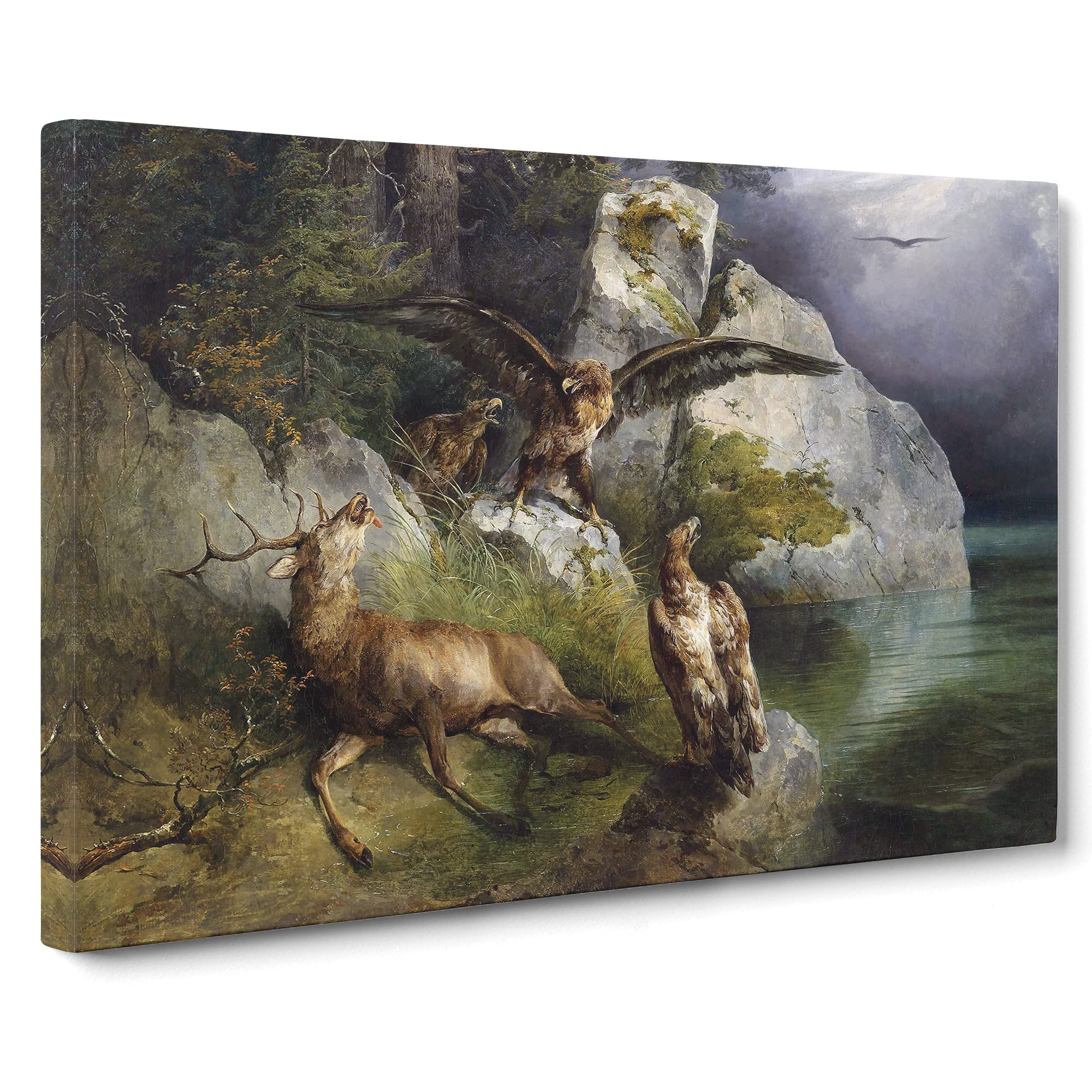 Friedrich Gauermann Eagles, Stag and Deer Canvas Print | Gallery Wrapped 30mm Frame Wall Art | 20x14 inches | Ready to Hang | Classic Animals Picture | Living Room Bedroom Lounge Office