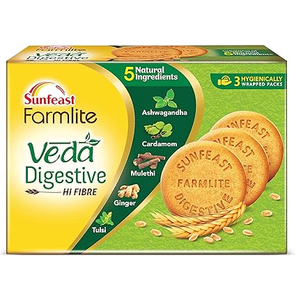 Sunfeast Farmlite Veda Digestive Biscuit | High Fibre | Goodness of 5 Natural Ingredients and Wheat Fibre, 250g